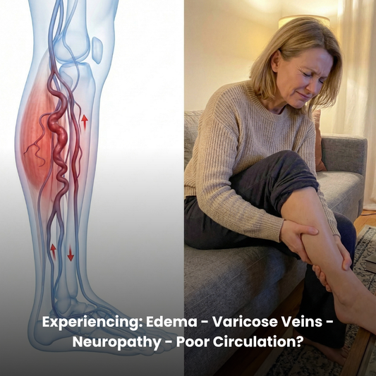 Woman holding her leg with medical illustration of varicose veins on the side.
