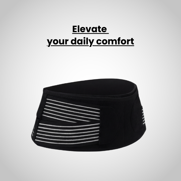 Black headband with white stripes on a light gray background with text 'Elevate your daily comfort'.