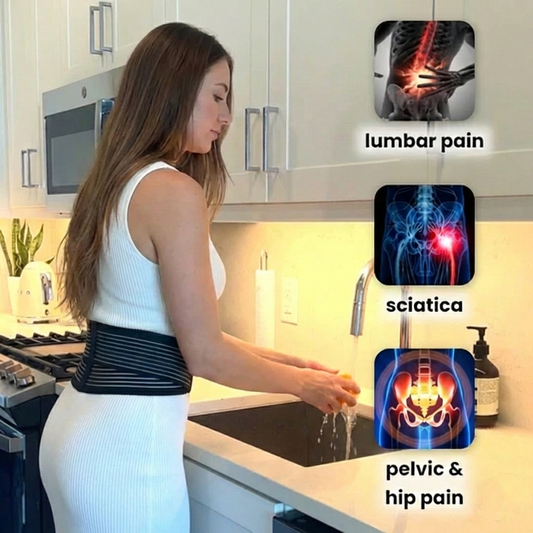 Woman wearing a back brace in a kitchen with images of lumbar pain, sciatica, and pelvic & hip pain above her.
