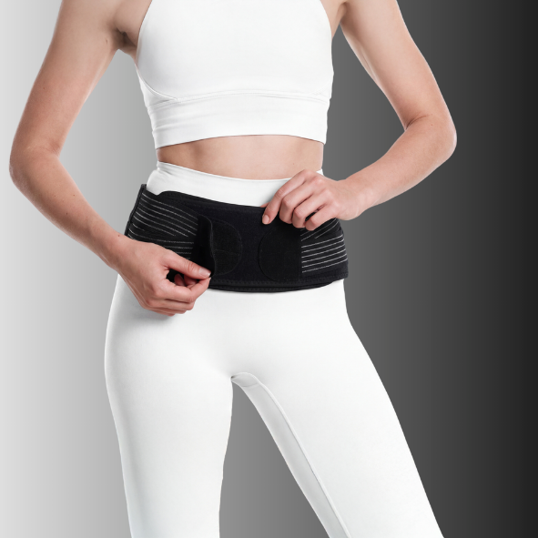 Person wearing a black compression belt on a gray background