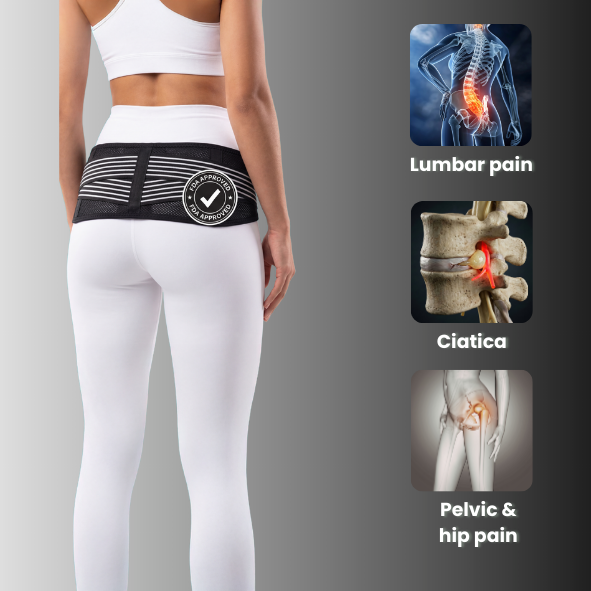 Person wearing a black back support belt with medical illustrations of pain locations on a gray background.