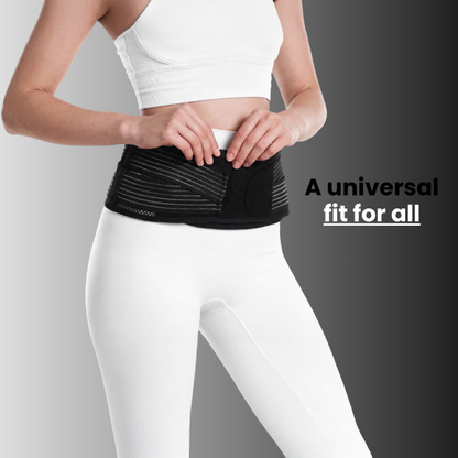 Person wearing a black waist support belt with text 'A universal fit for all' on a gray background