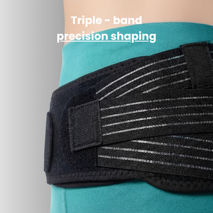 Black compression band with 'Tripple - band precision shaping' text on a teal garment.