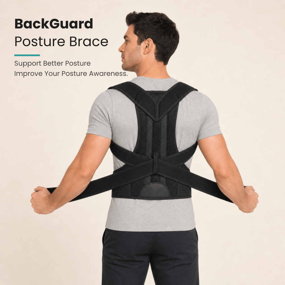 A man shown from the back wearing a BackGuard posture brace on his shoulders and back, with his arms extended outward to demonstrate the straps. The background is a solid light beige color, with product branding and descriptive text in the upper left corner.