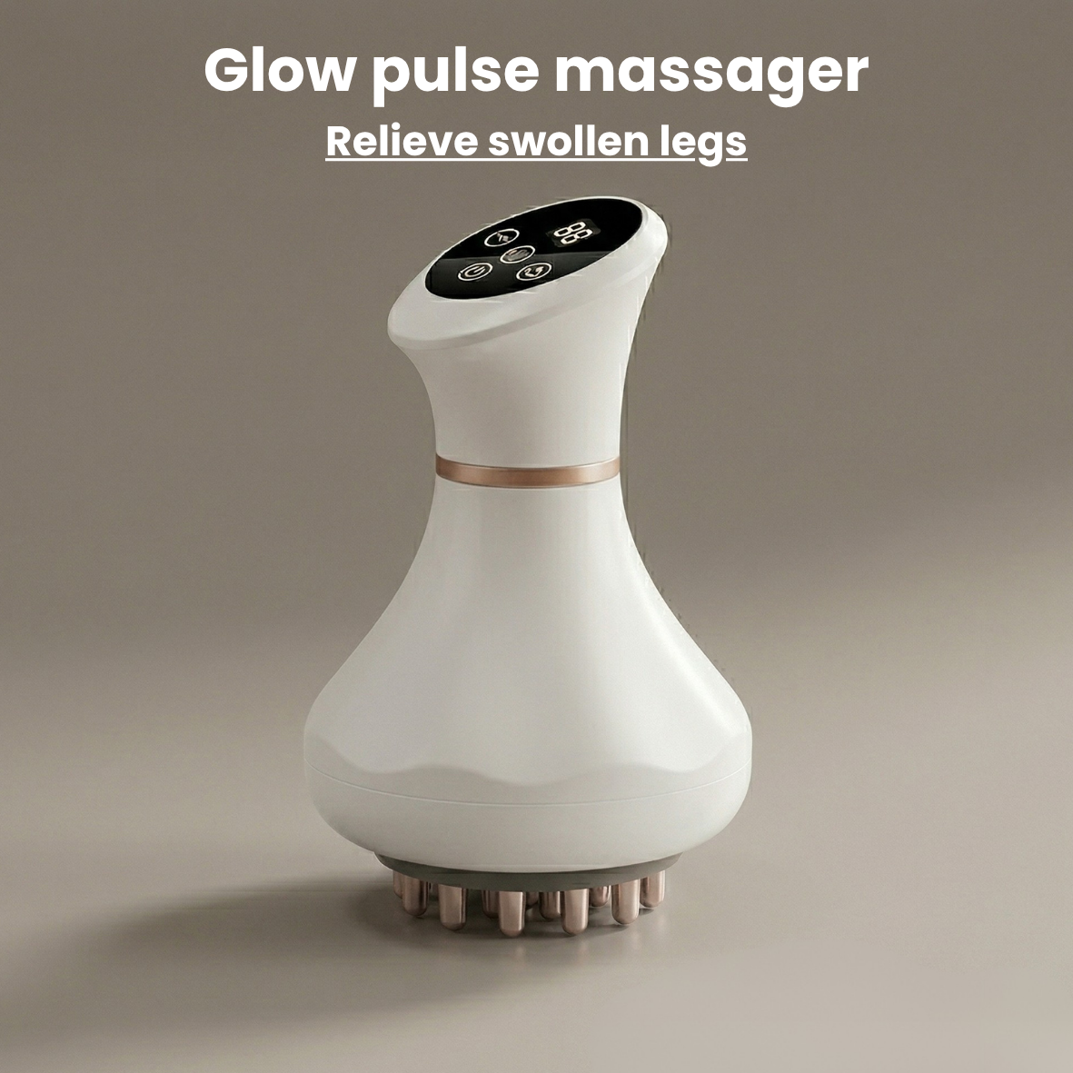 Glow pulse massager on a beige background with text indicating its use for swollen legs.