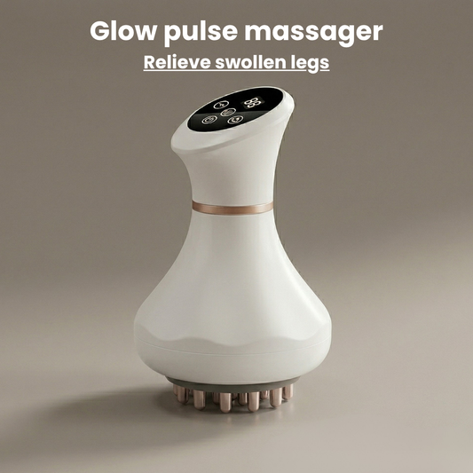 Glow pulse massager on a beige background with text indicating its use for swollen legs.