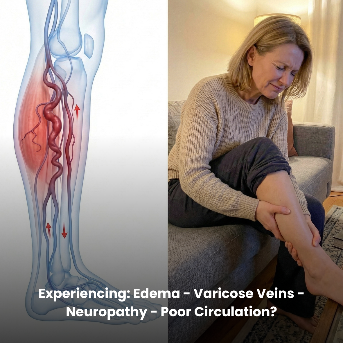 Woman holding her leg with medical illustration of varicose veins on the side.