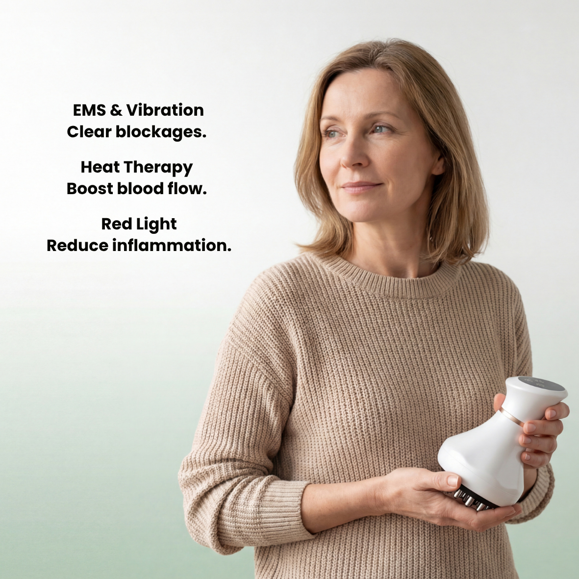 Woman holding a white device with text about its benefits on a light green background